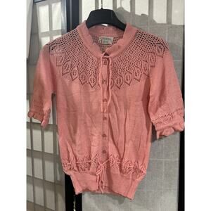 Vintage Crochet Cardigan Sweater Tie Embellishment Pink Spiegel M